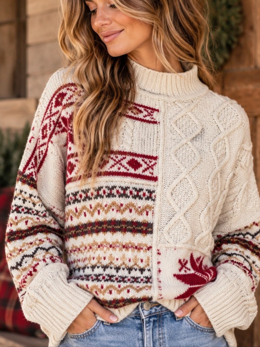 American Eagle Patechwork Fair Isle Cable Knit Sweater Medium Nordic Cabincore